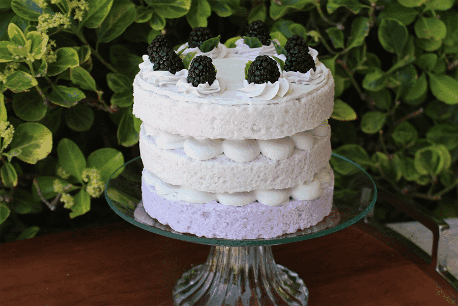 Fake Vanilla Frosted Triple Layer Cake Topped with Black Berries