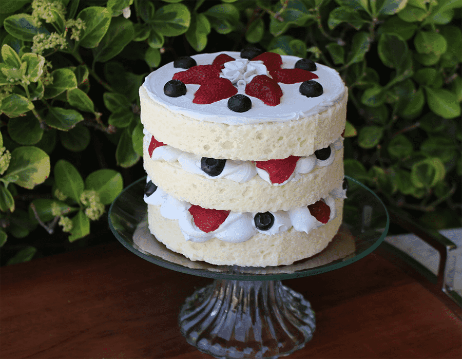 Fake Vanilla Frosted Triple Layer Cake with Berries