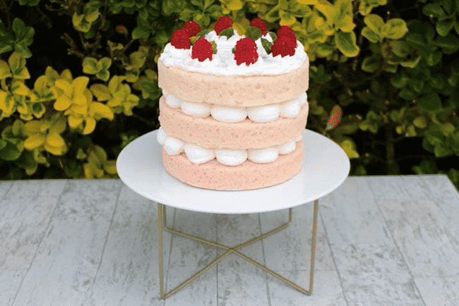 Fake Vanilla Frosted Triple Layer Cake Topped with Raspberries