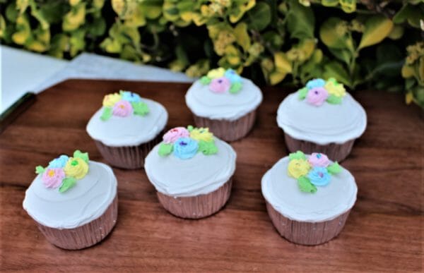 Fake Vanilla Frosted Cupcakes with Flowers