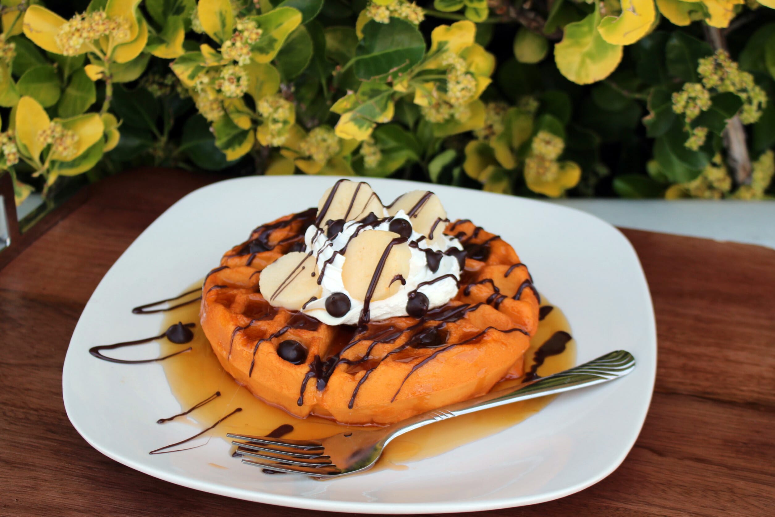 Plate of Fake Waffles with Chocolate and Bananas