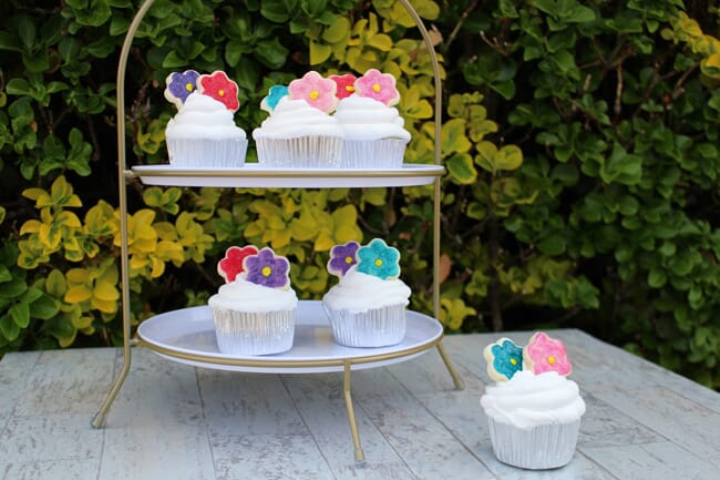 Fake Cupcakes with Spring Sugar Cookie Flowers in Assorted Colors (Set of 6)