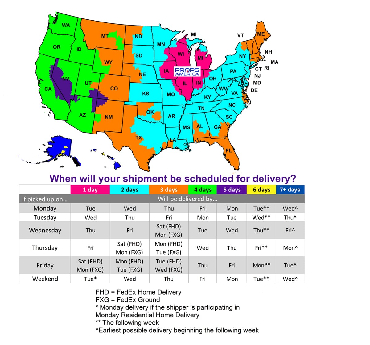 Props America Standard Delivery Times Map 